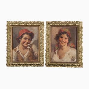 Antonio Vallone, Young Commoners, Early 20th Century, Oil on Canvas Paintings, Set of 2