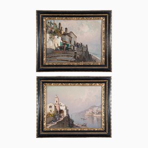Nicolas De Corsi, Coastal Views, 1800s, Oil on Panel Paintings, Framed, Set of 2