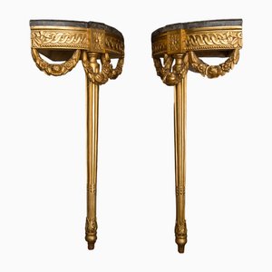 Antique French Napoleon III Corner Consoles in Gilt Wood with Coeval Marble Tops, 19th Century, Set of 2