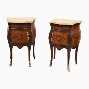 Antique Neapolitan Louis XV Style Bedside Tables in Exotic Wood with Yellow Siena Marble Tops, Early 20th Century, Set of 2