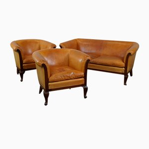 Club Armchairs and Sofa in Cognac Leather, Set of 3