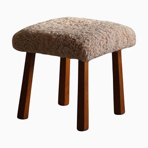 Danish Mid-Century Modern Stool in Wood with Lambswool Seat, 1950s