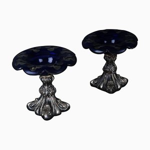 Antique Silver Caviar Bowls in Blue Glass, Set of 2
