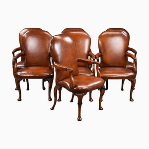 Antique Hand Dyed Leather Armchairs, 1900, Set of 7
