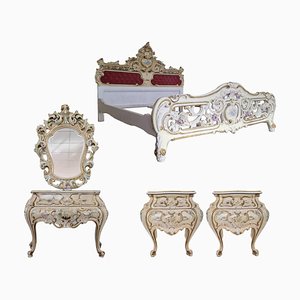 French Baroque Hand Carved Bedroom Set in White, Set of 5