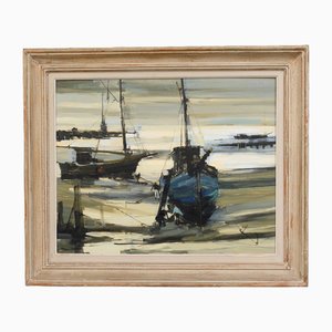 Artista francés, escena de barco, 1950, pintura al óleo, enmarcado
