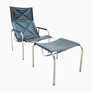 Set of Armchair with Stool in Real Leather by Strässle Hans Eichenberger, 1976