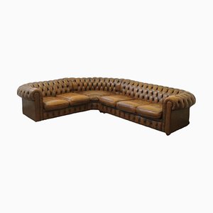 Sofá esquinero modular Chesterfield inglés Mid-Century de cuero. Juego de 3