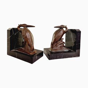 Art Deco Spelter on Marble Bookends with Cranes by Maurice Frecourt, France, 1920-1930s, Set of 2