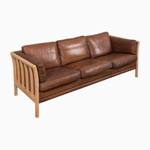3-Seater Sofa in Brown Aniline Leather and Beech Wood by Mogens Hansen, 1970s