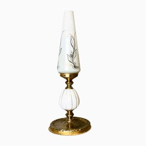 Kleine portugiesische Space Age Tischlampe aus Keramik, Messing & weißem Glas