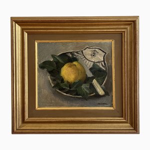 André-Laurent Kunkler, Nature morte fruit faïence et couteau, Oil on Wood, Framed