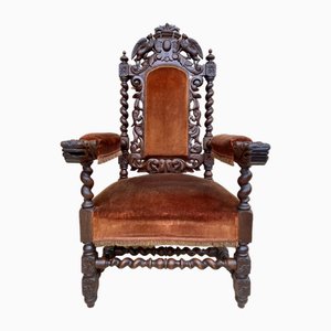 Silla trono francesa de nogal tallado, década de 1890