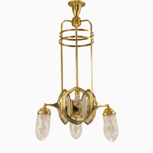 Art Deco Brass Chandelier with Lead Crystal Shades, 1920s