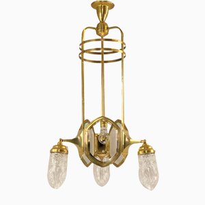 Art Deco Brass Chandelier with Lead Crystal Shades, 1920s