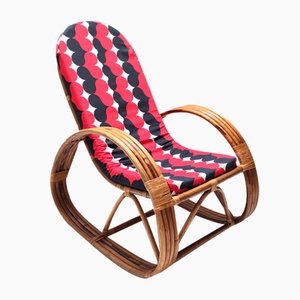 Postmodern Bamboo Rocking Chair with Red, Black and White Fabric Upholstery, 1970s