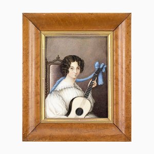 Artista della scuola inglese, Ritratto di giovane donna con chitarra, inizio XIX secolo, Guazzo