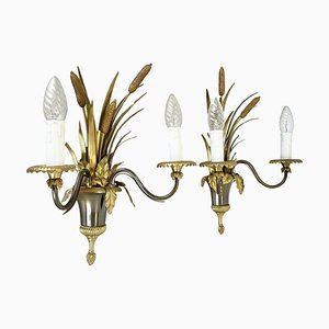 Florentine Brass Wall Lights attributed to Maison Charles, France, 1970s, Set of 2