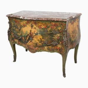 French Napoleon III Lacquered and Painted Wooden Chest of Drawers with French Red Marble Top, 19th Century