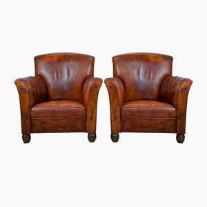 Antique Sheep Leather Armchairs, Set of 2