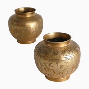 Chinese Brass Vases Depicting Plum, Orchid, Bamboo, and Chrysanthemum, Set of 2