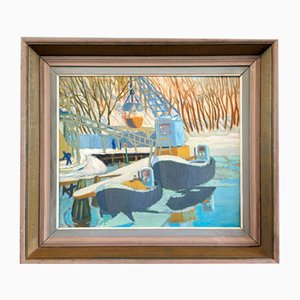 Quay Cranes, Peinture à l'Huile, 1950s, Encadré