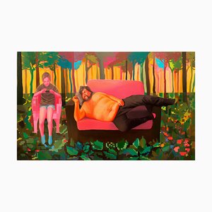 Natasha Lelenco, Large Domestic Scene in Virtual Landscape, 2021, Acrylic on Canvas