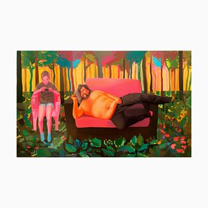 Natasha Lelenco, Large Domestic Scene in Virtual Landscape, 2021, Acrylique sur Toile