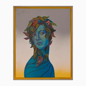 Natasha Lelenco, Blaue Madonna mit Blumen und Insekten, 2021, Acryl auf Leinwand
