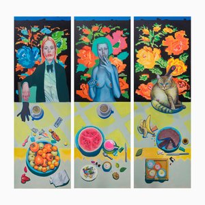 Natasha Lelenco, Large Triptych with Sister, Girlfriend, Cat and Still Life, 2023, Dibond Print Montage