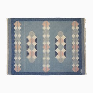 Kilim grande nei toni del blu e del rosa di GG, Svezia, anni '60