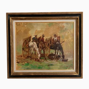 Gùo, Paysans et chevaux avec charrettes dans un champs, Oil on Cardboard, Framed