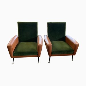 Italian Leather and Velvet Chairs by Jules Leleu, 1950s, Set of 2