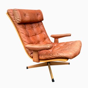 Mid-Century Delfin Swivel Chair in Cognac Brown Leather from Göte Möbler Nässjö, Sweden, 1970s