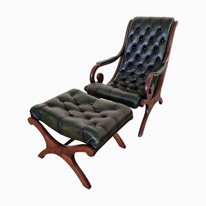 Chesterfield Slipper Sessel Set aus Grünem Echtem Leder, 2er Set