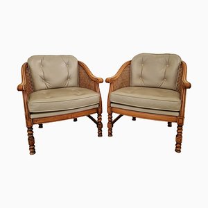 Club Armchairs with Leather and Rattan Mesh, Set of 2