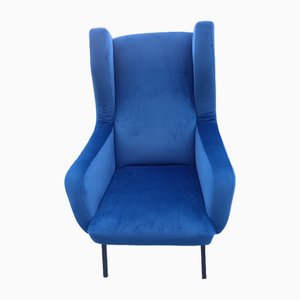Sedia con schienale in velluto blu, anni '60