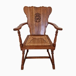 Medieval Gothic Oak Armchair with Woven Seat