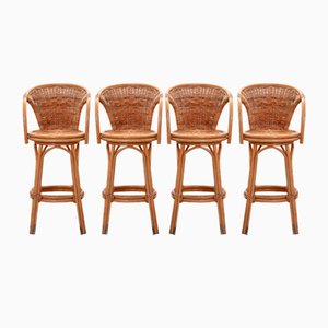 French Bohemian Style Swivel Bar Stools with Bamboo Frames, 1960, Set of 4