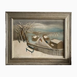 Französischer Künstler, Die Bank im Schnee, 1938, Öl auf Leinwand, Gerahmt