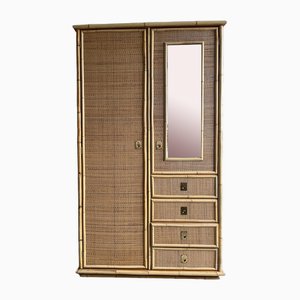 Italian Cane Wardrobe with Drawers and Mirror from Dal Vera, 1960s