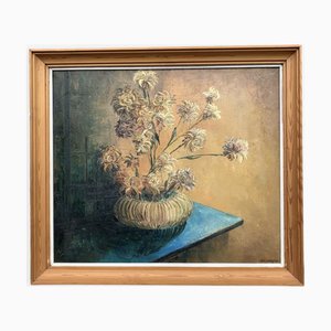 Bodegón con crisantemos, óleo sobre lienzo, enmarcado