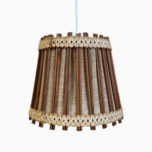 Lámpara colgante escandinava vintage de madera y lino, años 60