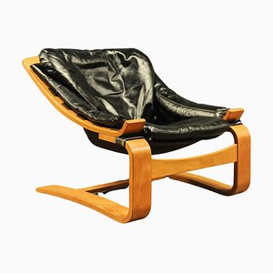 Kroken Buffalo Black Leather Blonde Bentwood Cantilever Chair by Åke Freelskits for Nelo, 1970s
