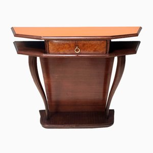 Vintage Beech and Walnut Root Console Table with Orange Glass Top, 1950s
