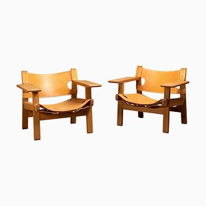 Set of Spanish Chair Set in Naturel Leather and Oak by Børge Mogensen for Fredericia, 1995