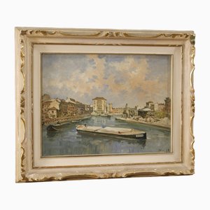 Artista italiano, Veduta panoramica di fiume con barche, 1960, Tecnica mista su masonite