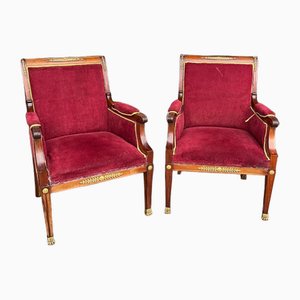 19th Century French Empire Ormolu Mounted Armchairs on Lion Paw Feet, Set of 2