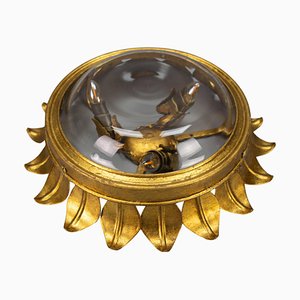 Gilt Metal and Clear Glass Sunburst Shaped Flush Mount or Wall Light, 1950s