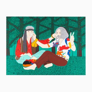 Péter Hecker, Two Old Hippies with Hay Fever Wiping Each Other's Noses, Oil on Canvas